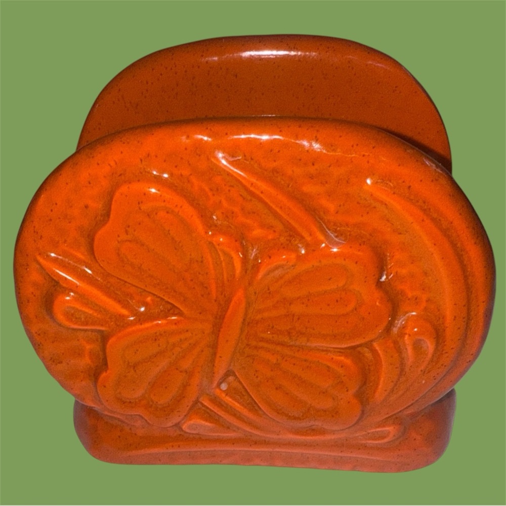 MCM Vintage 1970s Butterfly Pottery Ceramic Napkin Washcloth Holder Orange 4”x4”